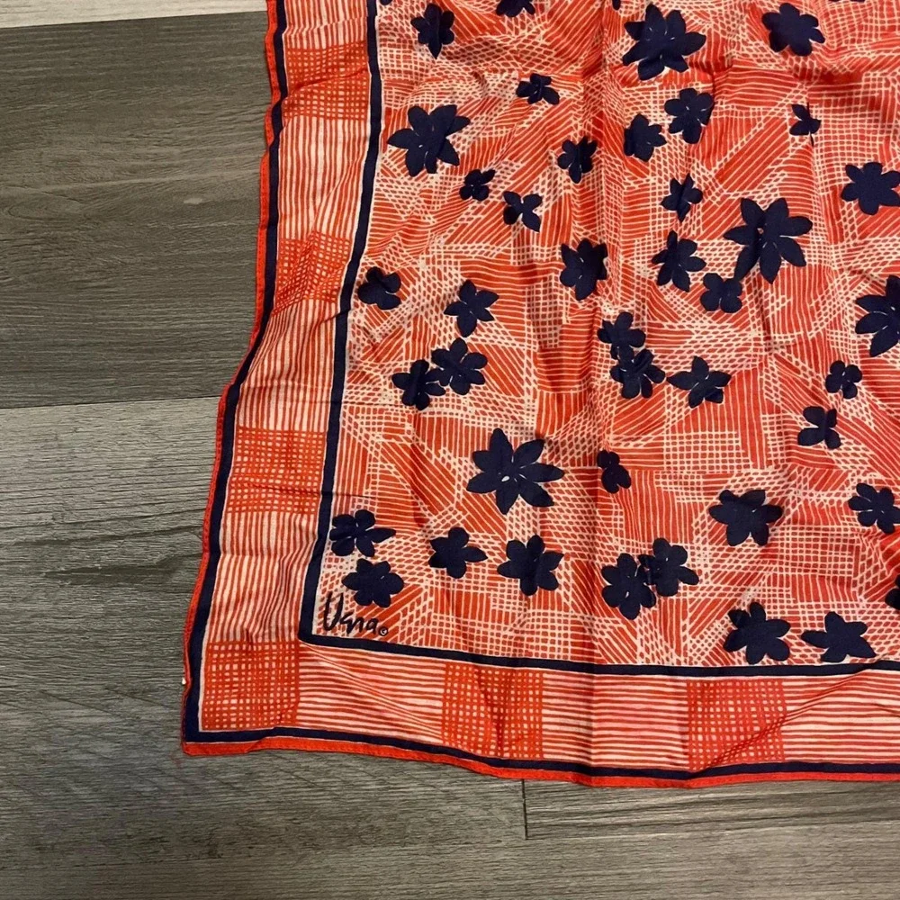 Vera Vintage Square Scarf Red Navy Blue Floral Geometric Print Hand Rolled Hem